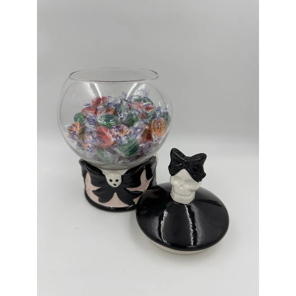 Cobwebs & Cauldrons Candy Jar Black White Glass Skeleton Bow Halloween Gothic